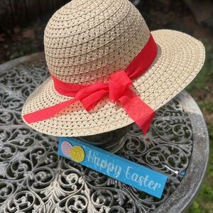 Straw Sun Hat with Peach‑Salmon Pink Ribbon. Perfect for Easter morning